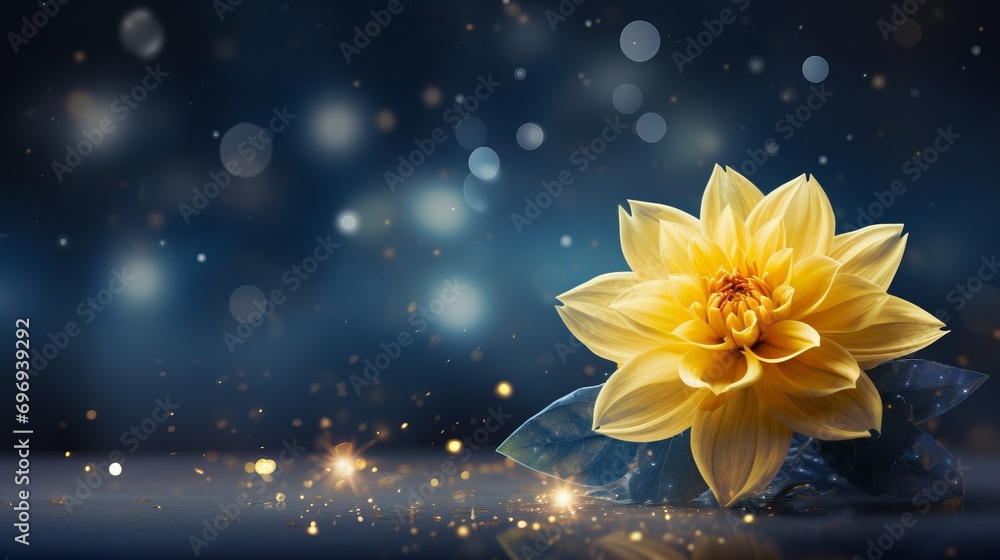 Aufkleber yellow dahlia flower on isolated magical bokeh background with copy space for text placement
