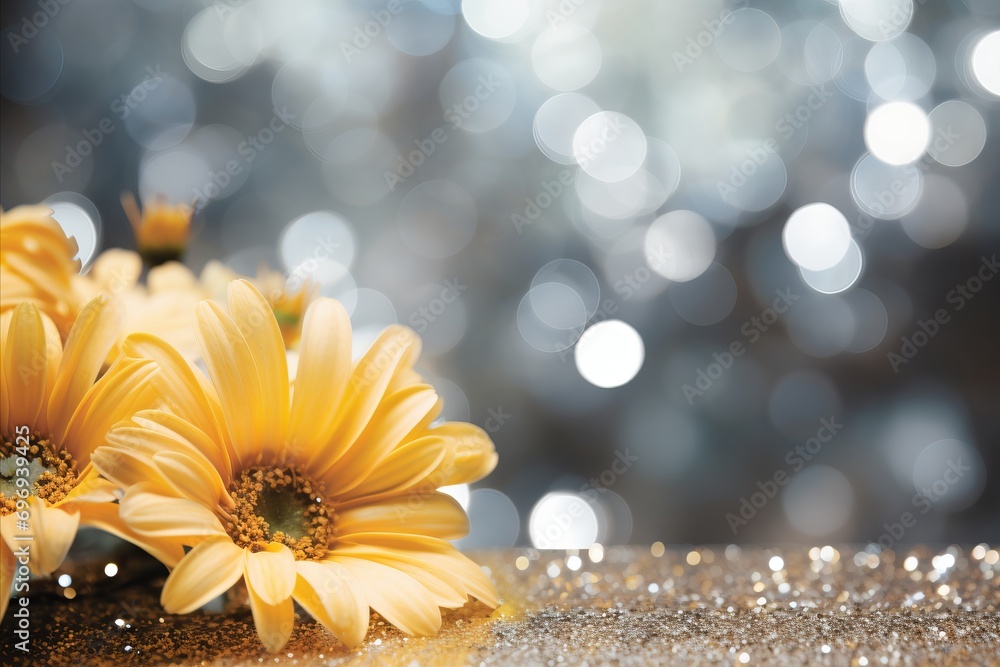 Poster glowing yellow daisy on magical bokeh background with ample copy space for text placement