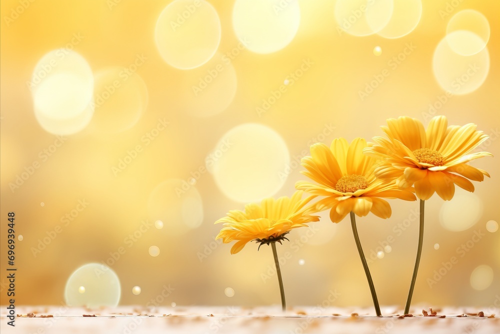 Poster bright yellow daisy on isolated magical bokeh background with copy space for text placement
