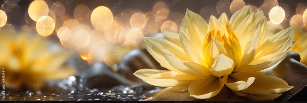 Poster Yellow dahlia on magical bokeh background with two thirds of frame for text placement