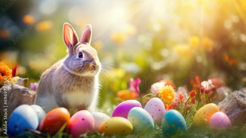 Poster a rabbit is sitting in a field of flowers and eggs with the sun shining through the trees in the bac