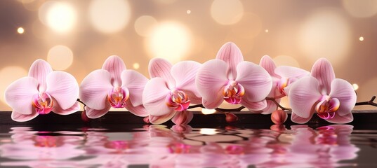 Pink orchid with vibrant blooms on isolated bokeh background, ample copy space for text.