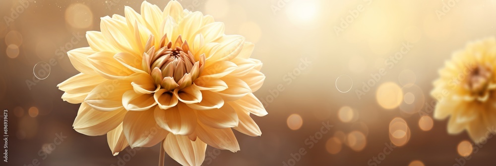 Poster yellow dahlia on isolated magical bokeh background with copy space for text placement