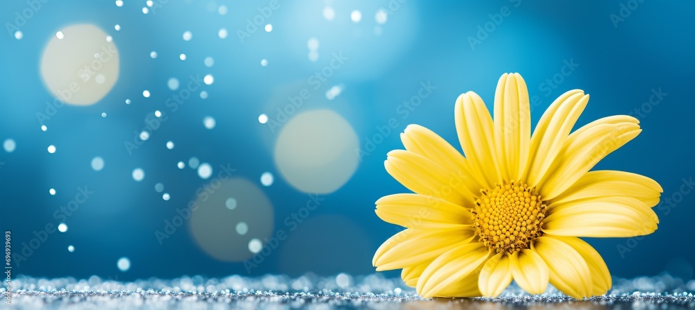 Poster vibrant yellow daisy on right with magical bokeh background and generous text space on left