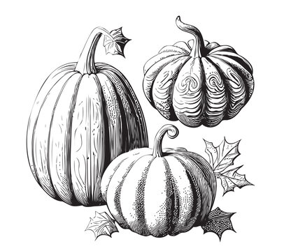 Pumpkins Vegetable Retro Sketch Hand Drawn Vector Thanksgiving Day