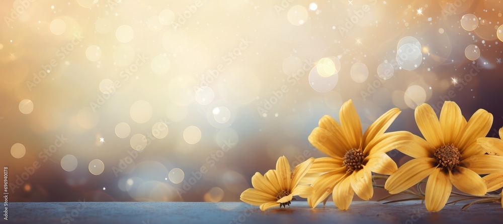 Poster vibrant yellow daisy on right, isolated magical bokeh background with ample text space