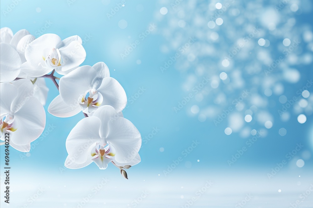 Poster elegant white orchid on isolated magical bokeh background with ample copy space for text placement
