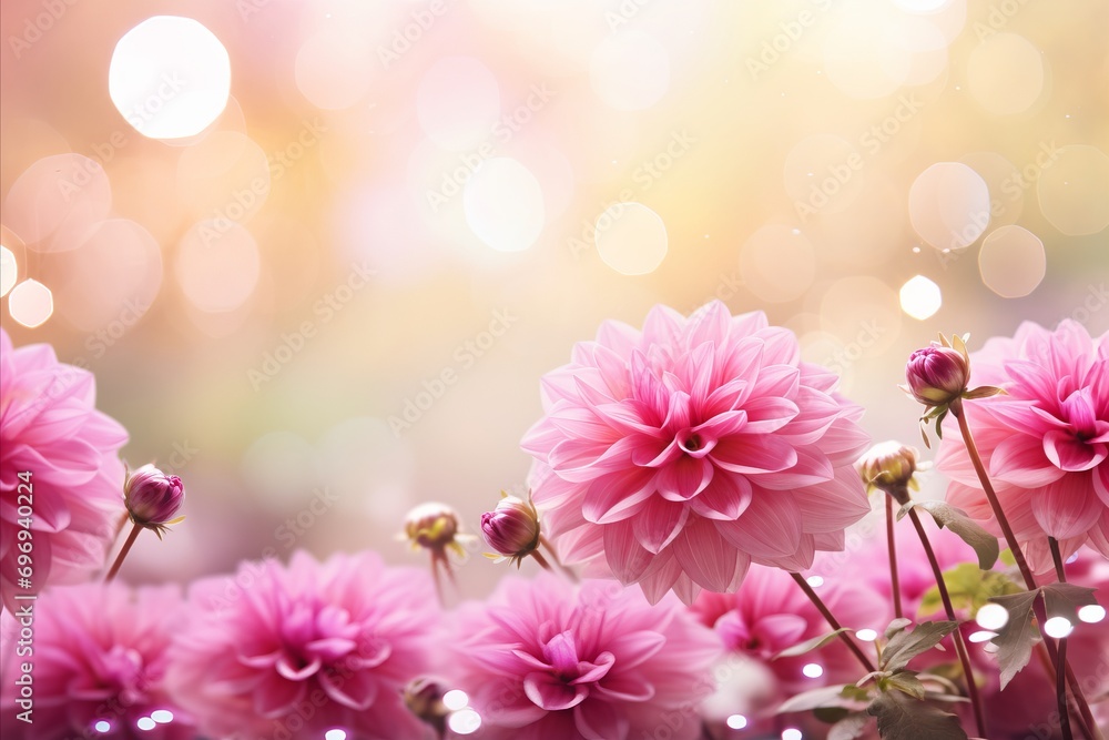 Aufkleber pink dahlia on right with magical bokeh background, two thirds copy space for text on left side