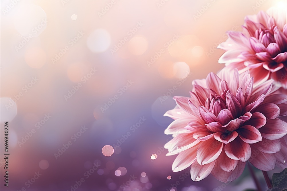 Poster pink dahlia on right with magical bokeh background, two thirds copy space on left for text placement