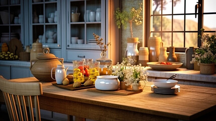 Cozy kitchen with a farm table, glass jars and decorative elements.