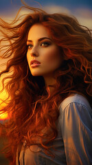 The charismatic portrait of a young woman, against the background of sunset, highlighting her hair.