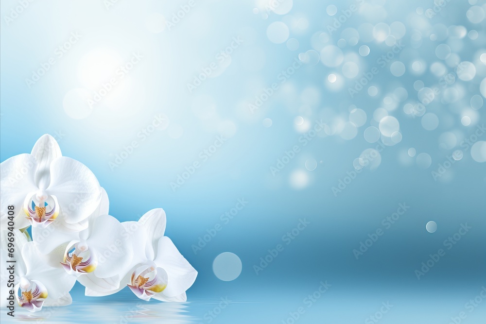Aufkleber elegant white orchid on enchanting bokeh background with spacious text placement area.