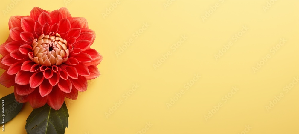 Poster red dahlia flower on yellow isolated background with two thirds blank space for text placement