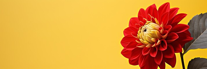 Red dahlia flower on yellow background with two thirds empty space for text placement