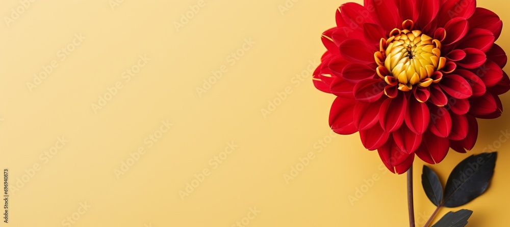 Aufkleber red dahlia flower on yellow isolated background with generous copy space for text placement