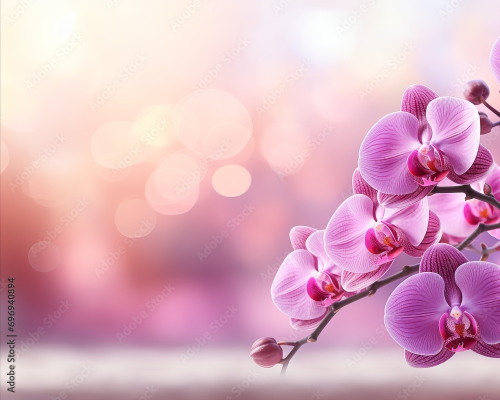 Poster pink orchid on isolated magical bokeh background with two thirds copy space for text placement