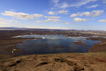 Mývatn is a shallow lake located in an area of active volcanism in northern Iceland, near the Krafla volcano