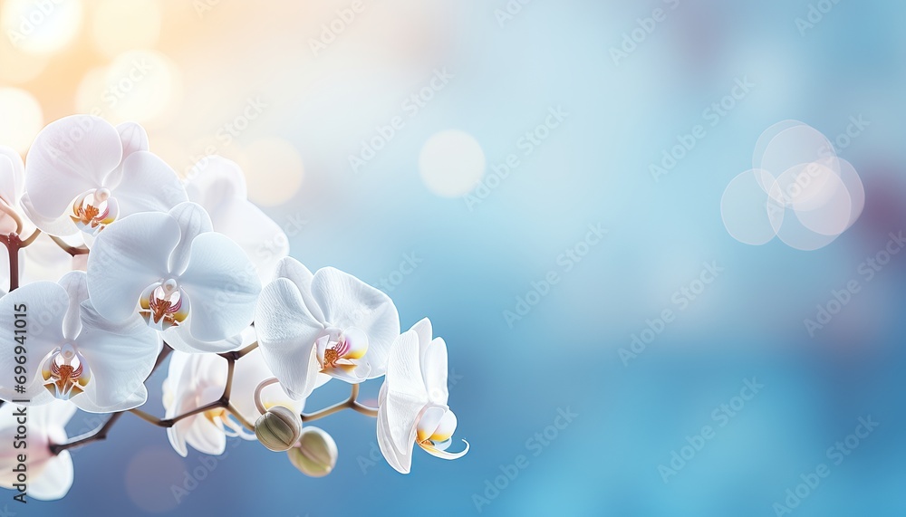 Poster Delicate white orchid on magical bokeh background with copy space on left for text placement