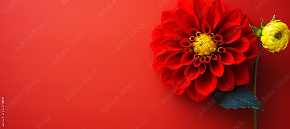Poster vibrant red dahlia flower on yellow background with generous copy space for text placement