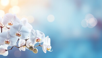 Delicate white orchid on magical bokeh background with copy space on left for text placement