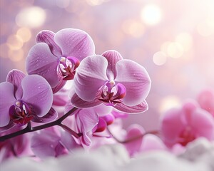 Plakat Pink orchid blossom on right side, magical bokeh background, two thirds text space on left side
