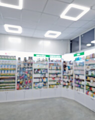 Blurred view of pharmacy stocked shelves. Healthcare and cosmetics industry defocused background