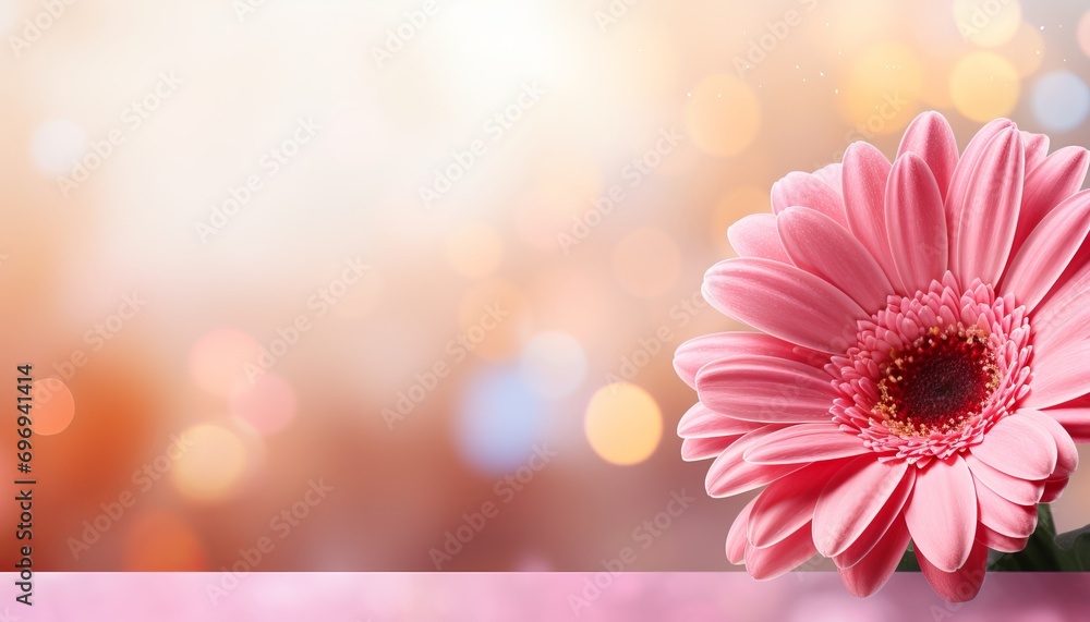 Poster pink gerbera daisy on right with magical bokeh background and copy space on left for text placement
