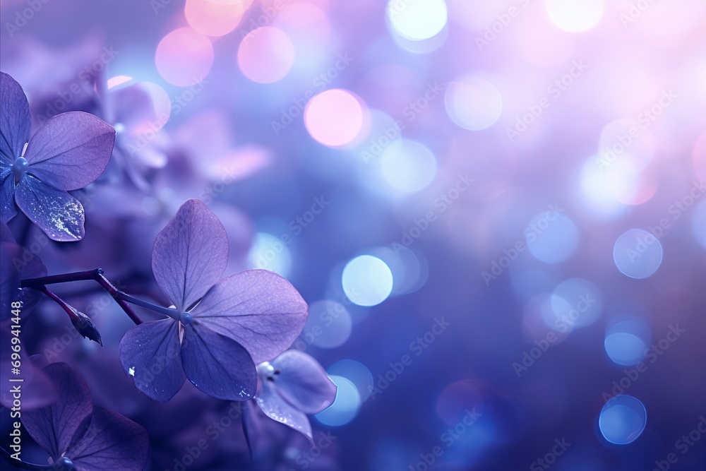 Poster blue hydrangea with magical bokeh background and abundant text space for captivating text placement