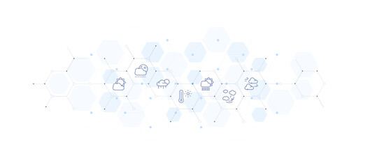 Weather forecast banner vector illustration. Style of icon between. Containing contrail, clouds, cloudy, rainy night, rain, thermometer.