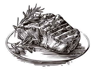 Grilled steak on plate sketch Vector illustration Meat