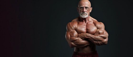 Shirtless athletic muscular elderly man stands with crossed arms on black background. Advertising banner layout for a gym or fitness trainer.