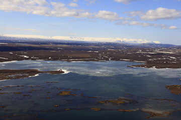 Mývatn is a shallow lake located in an area of active volcanism in northern Iceland, near the Krafla volcano