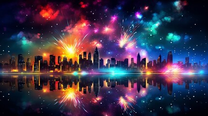Blurred bokeh effect  colorful fireworks display exploding in night sky with blurred city skyline - obrazy, fototapety, plakaty
