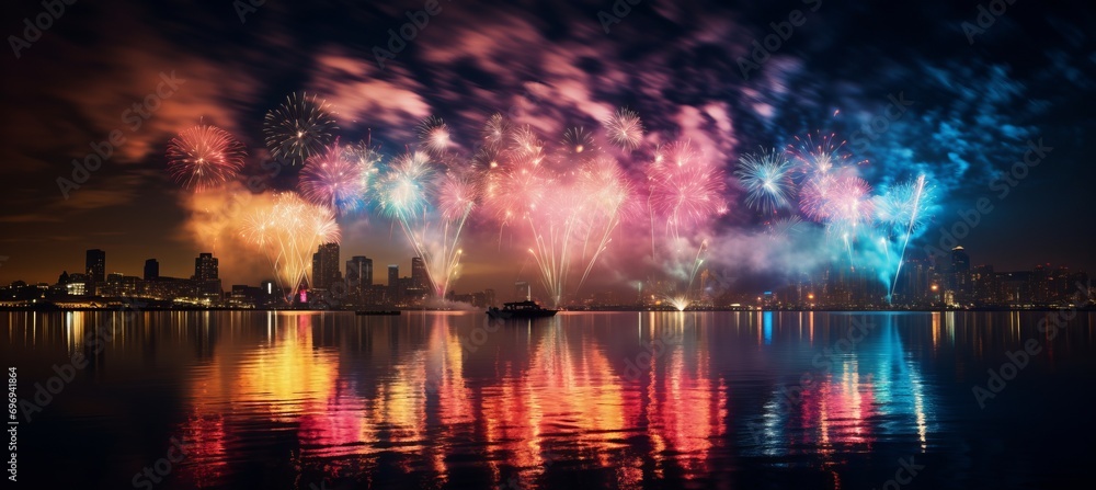 Poster blurred bokeh fireworks display with vibrant colors and shapes, city skyline blurred in background