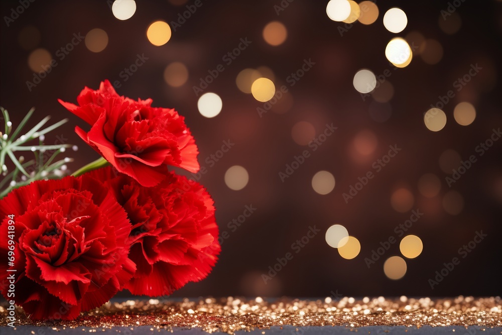 Poster right side red carnation on magical bokeh background with ample copy space for text placement