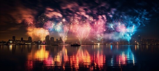 Fototapeta premium Blurred bokeh fireworks display with vibrant colors and shapes, city skyline blurred in background