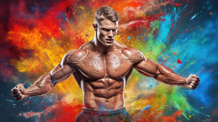 Fototapeta na wymiar Advertising banner mockup for a gym or fitness trainer with a shirtless muscular man on a bright multi-colored splashes of paint background.