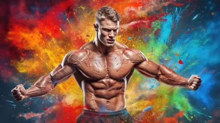 Papier Peint photo Lavable Fitness Advertising banner mockup for a gym or fitness trainer with a shirtless muscular man on a bright multi-colored splashes of paint background.