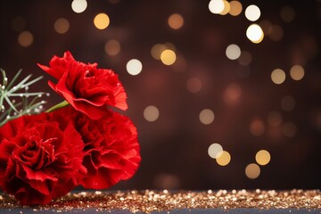 Fototapeta na wymiar Right side red carnation on magical bokeh background with ample copy space for text placement