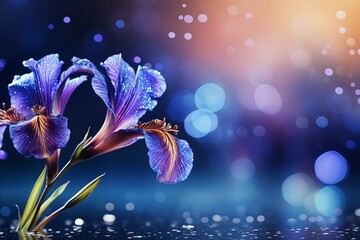 Blue iris flower on right, isolated bokeh background, two thirds blank space for text placement
