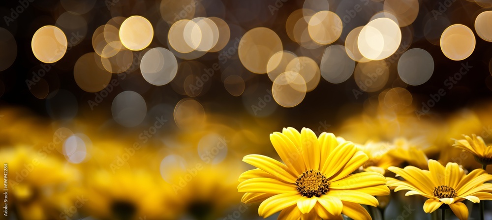 Poster yellow gerbera daisy on right with magical bokeh background and ample copy space for text on left