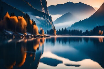 A beautiful evening mountain landscape at the edge of a tranquil lake, the serene water reflecting the deep blue of the sky