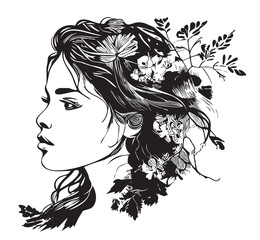 Beautiful girl with flowers in her hair sketch hand drawn sketch Vector illustration