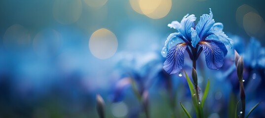 Blue iris flower on right side with magical bokeh background and two thirds text space on left - Powered by Adobe