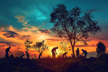 visually striking silhouettes of people planting trees against a colorful sky, symbolizing a brighter future. photo