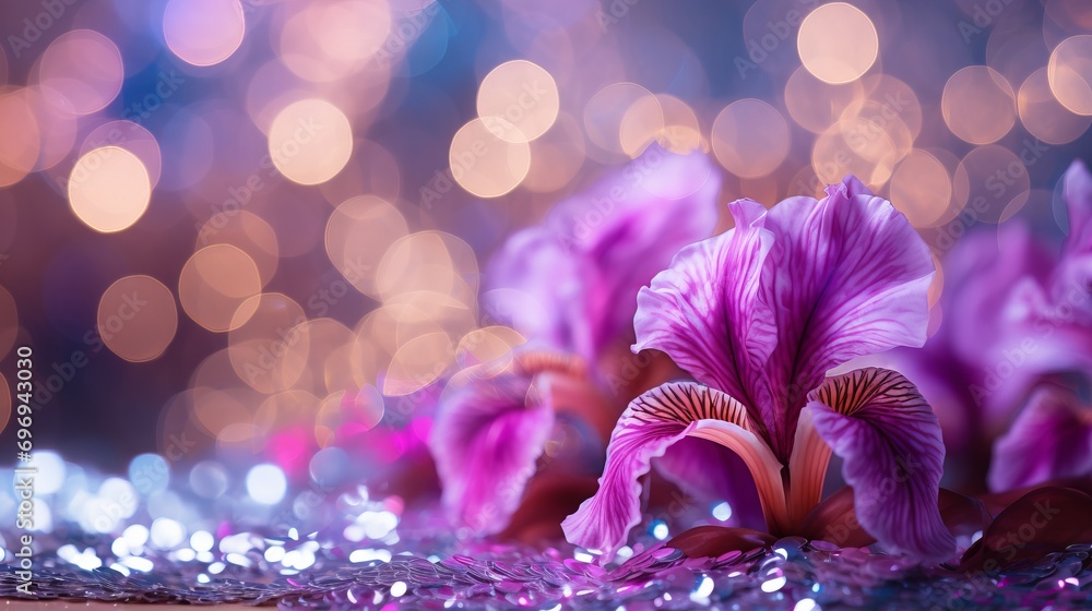 Poster purple iris flower on isolated magical bokeh background with copy space for text placement