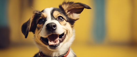 Playful Canine Joy: Adorable Puppy Yellow Background - Happy Dog Portrait - Close Up of a Dog
