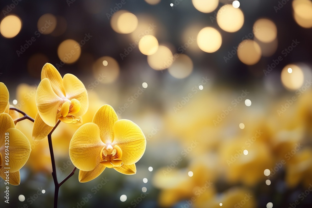 Poster yellow orchid blossom on isolated magical bokeh background with copy space for text placement