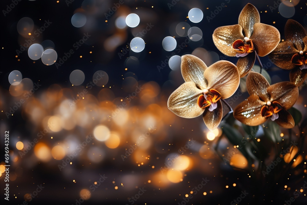 Poster yellow orchid blossom on right with magical bokeh background and copy space for text on left