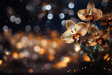Plexiglas foto achterwand Yellow orchid blossom on right with magical bokeh background and copy space for text on left © Ilja